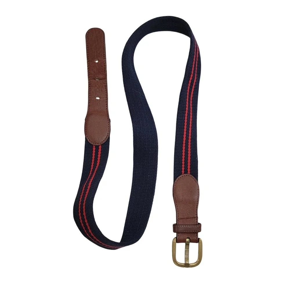 Mens Navy Red Striped Canvas Leather Belt Brass Italy Buckle Size 36 Preppy